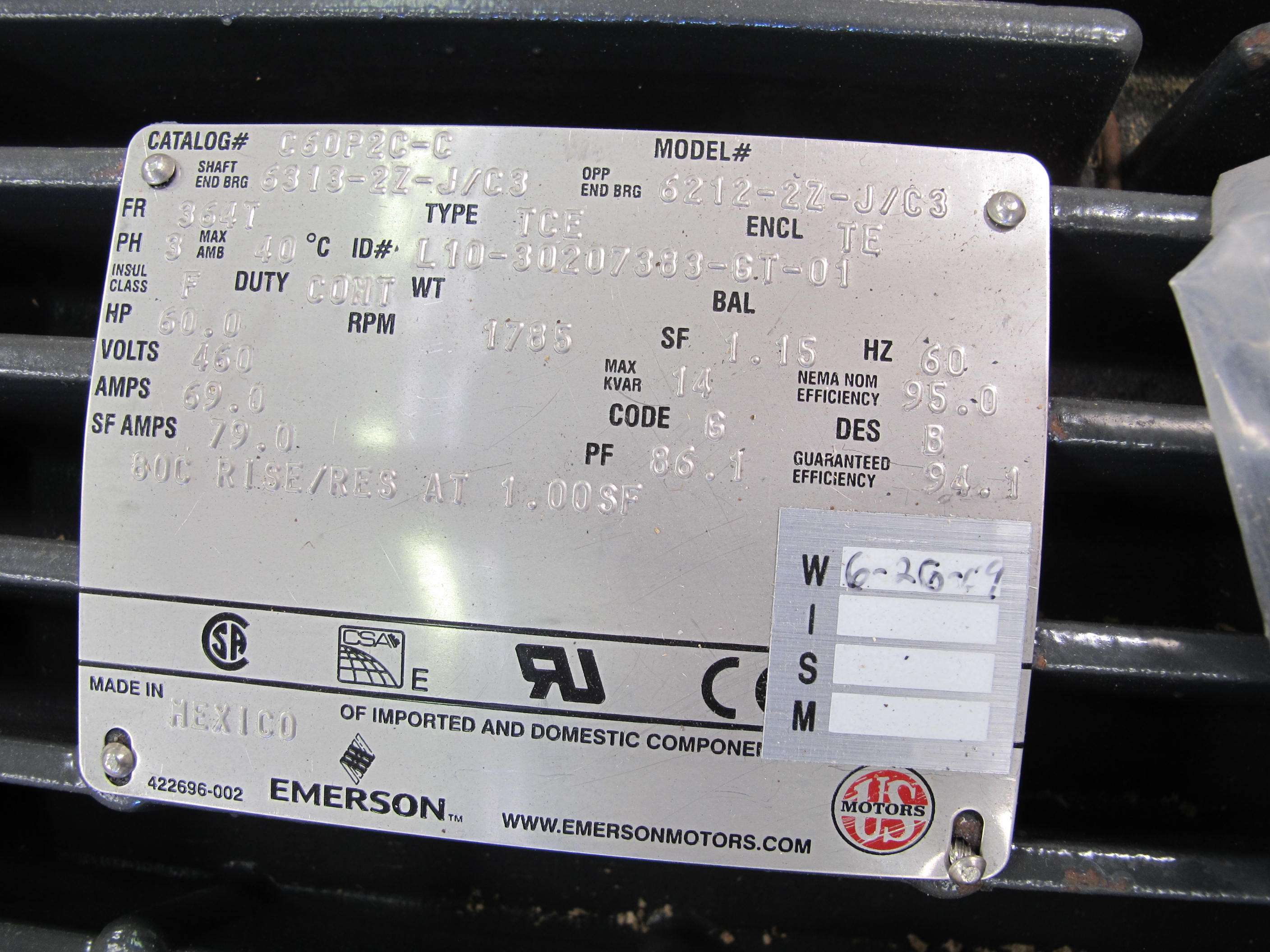 MOTOR, ELECTRIC TYPE, 60 HORSEPOWER, 460VAC, 3PH, 60HZ ELEC RATING, 1785 RPM, 364T FRAME, 70 AMPS, TEFC ENCLOSURE, CONT DUTY, 1.15 SERVICE FACTOR. INSULATION CLASS F, 40 DEG C AMBIENT, NEMA DESIGN B, NEMA CODE F. 60 WATTS, 120 VAC SPACE HEATER, PART # AU84 (W-44) LOADING & HANDLING FEE $15-